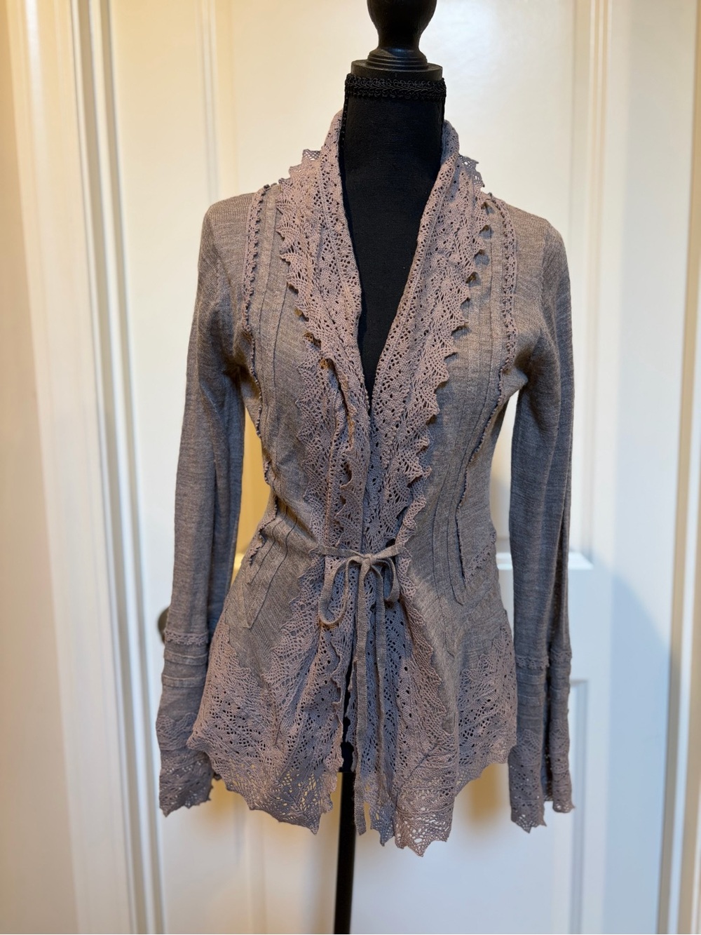 Sparrow from Anthropologie Lace-Trim Wrap Cardigan in Taupe